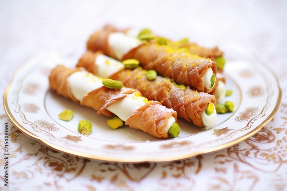 cannoli with pistachio nuts topping, macro detail cannoli with pistachio nuts topping, macro detail