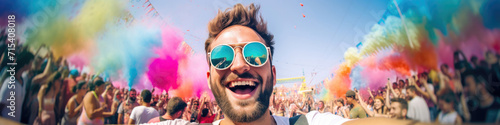 Traveler taking selfie in front of A vibrant festival destination, where colors and music fill the streets