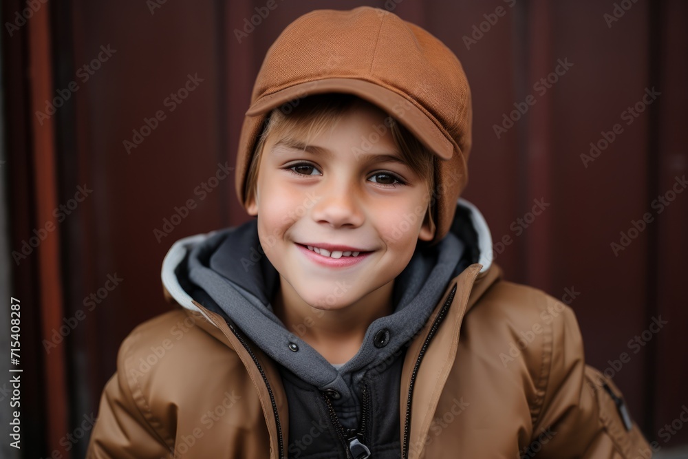 Portrait of a cute little boy in a brown jacket and cap Portrait of a cute little boy in a brown jacket and cap