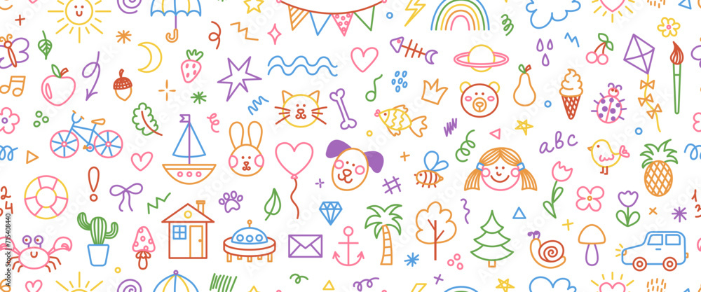 Cute colourful hand drawn doodle vector seamless pattern of simple kids decorative elements. Collection of scribble, animal, flower, sun, cloud