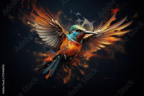  a colorful bird flying through the air with its wings spread out and wings spread out, with a black background. © Nadia