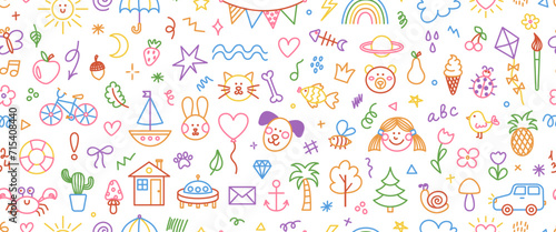 Cute colourful hand drawn doodle vector seamless pattern of simple kids decorative elements. Collection of scribble, animal, flower, sun, cloud © Vetriya