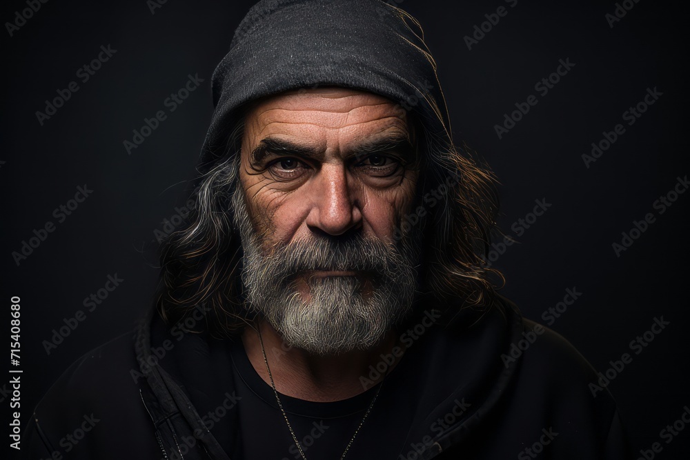 Portrait of an old man with long gray beard and mustache in a black sweatshirt on a dark background Portrait of an old man with long gray beard and mustache in a black sweatshirt on a dark background