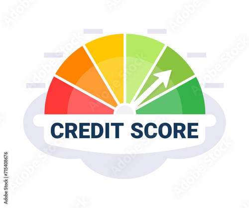 Vibrant gauge showing credit score status with arrow pointing towards green for good credit on a white background