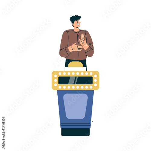 Quiz Game with Young Man Participant at Button Stand Vector Illustration