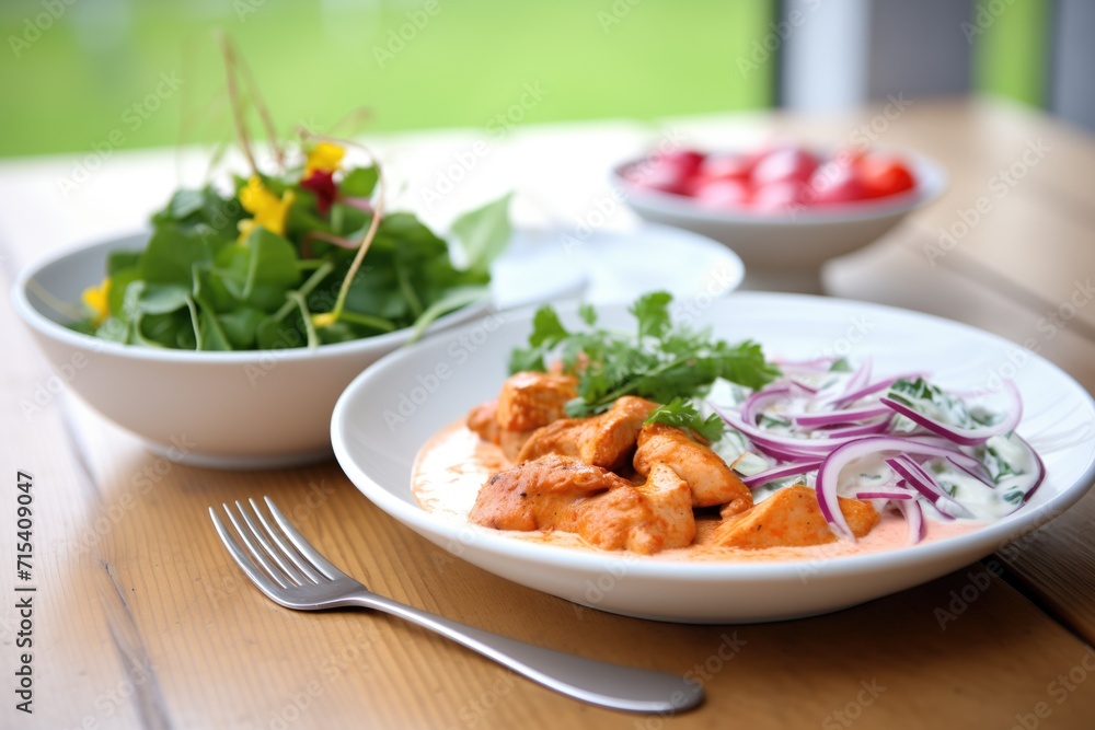 chicken tikka masala with yogurt raita and salad chicken tikka masala with yogurt raita and salad