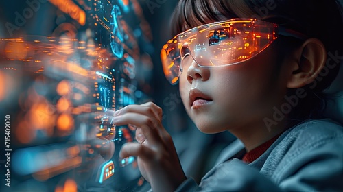 children wearing a glasses for control applications on multimedia augmented reality screen projection. Concept of AR and VR future technology.
