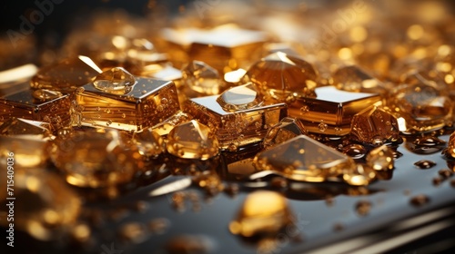  a pile of yellow diamonds sitting on top of a black table next to a pile of other pieces of gold.