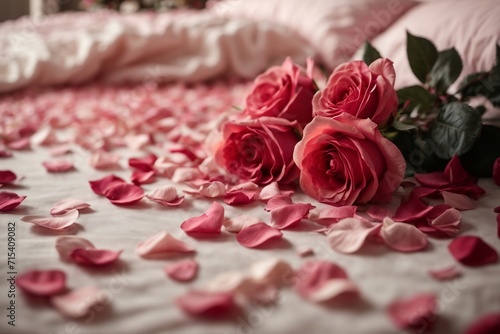 Valentine's Day pink roses and petals on a bed
