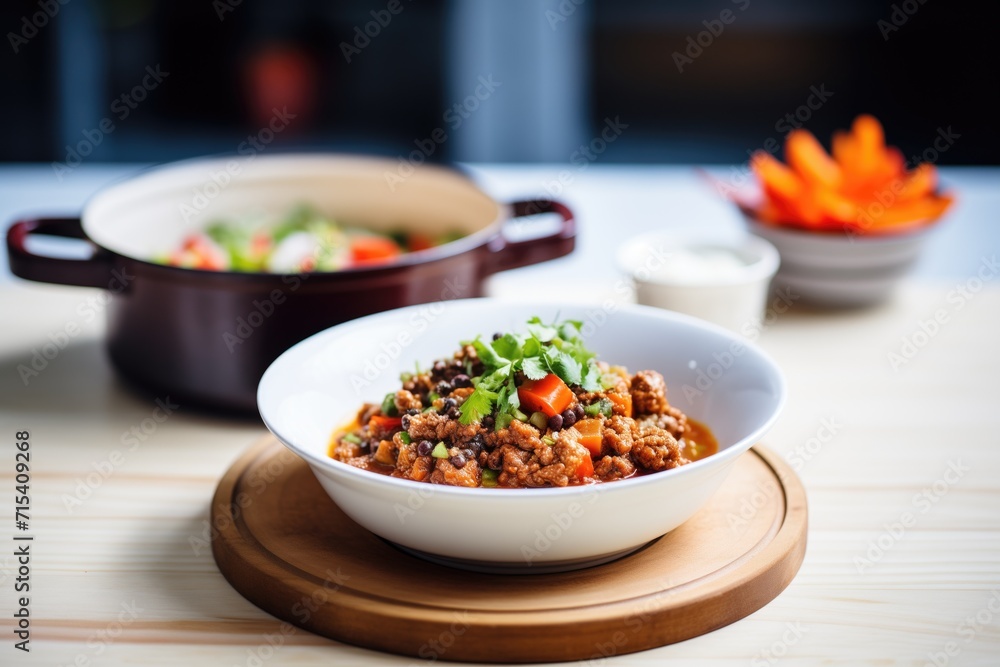 ladling chili con carne from pot to bowl ladling chili con carne from pot to bowl