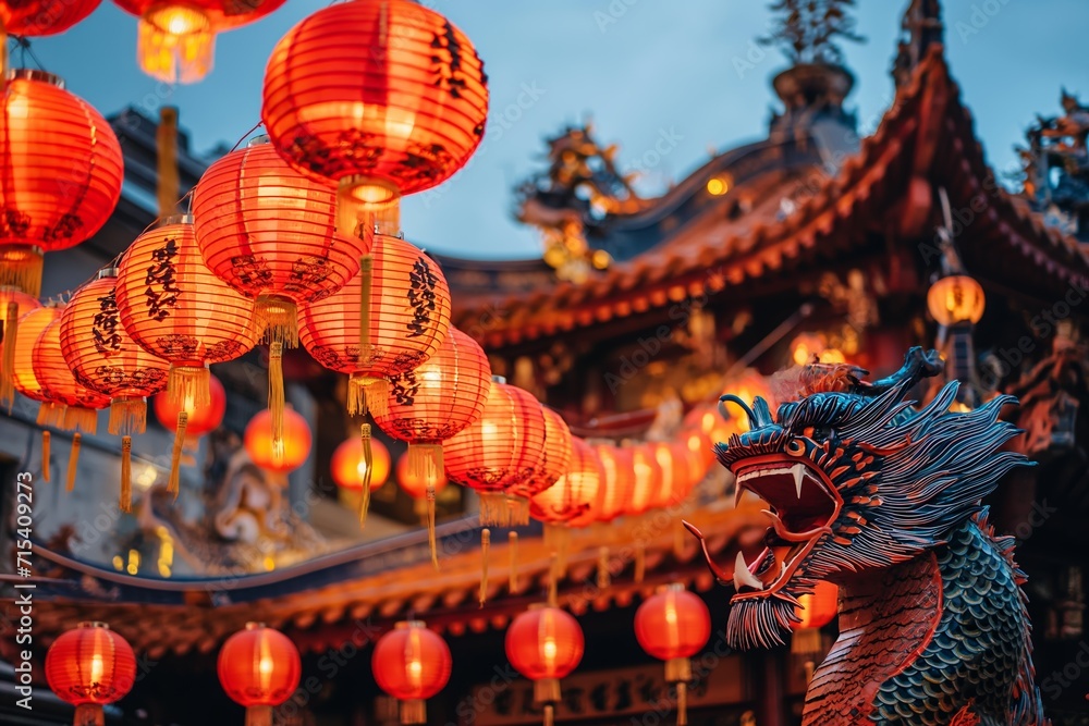 A festive scene of red lanterns and a majestic dragon decoration for Chinese New Year, set against a backdrop of traditional architecture