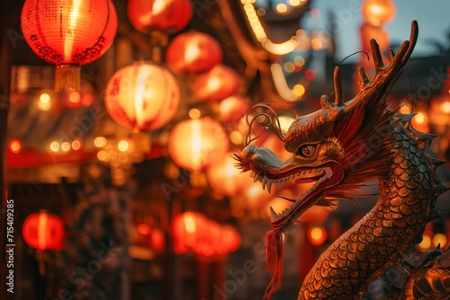 A festive scene of red lanterns and a majestic dragon decoration for Chinese New Year, set against a backdrop of traditional architecture © bluebeat76