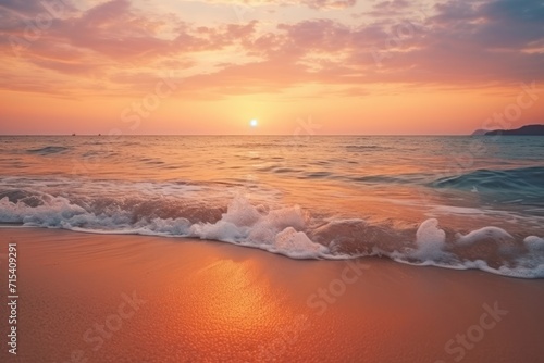  the sun is setting over the ocean and the waves are rolling in front of the shore and a small island in the distance.