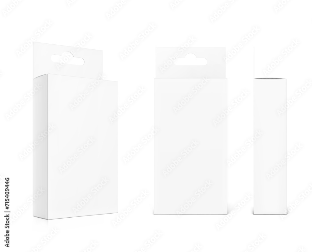 White package box with hang slot mockup for electronic and mobile accessories. Three side views. Vector illustration isolated on white background. Ready and simple to use for your design. EPS10. White package box with hang slot mockup for electronic and mobile accessories. Three side views. Vector illustration isolated on white background. Ready and simple to use for your design. EPS10.