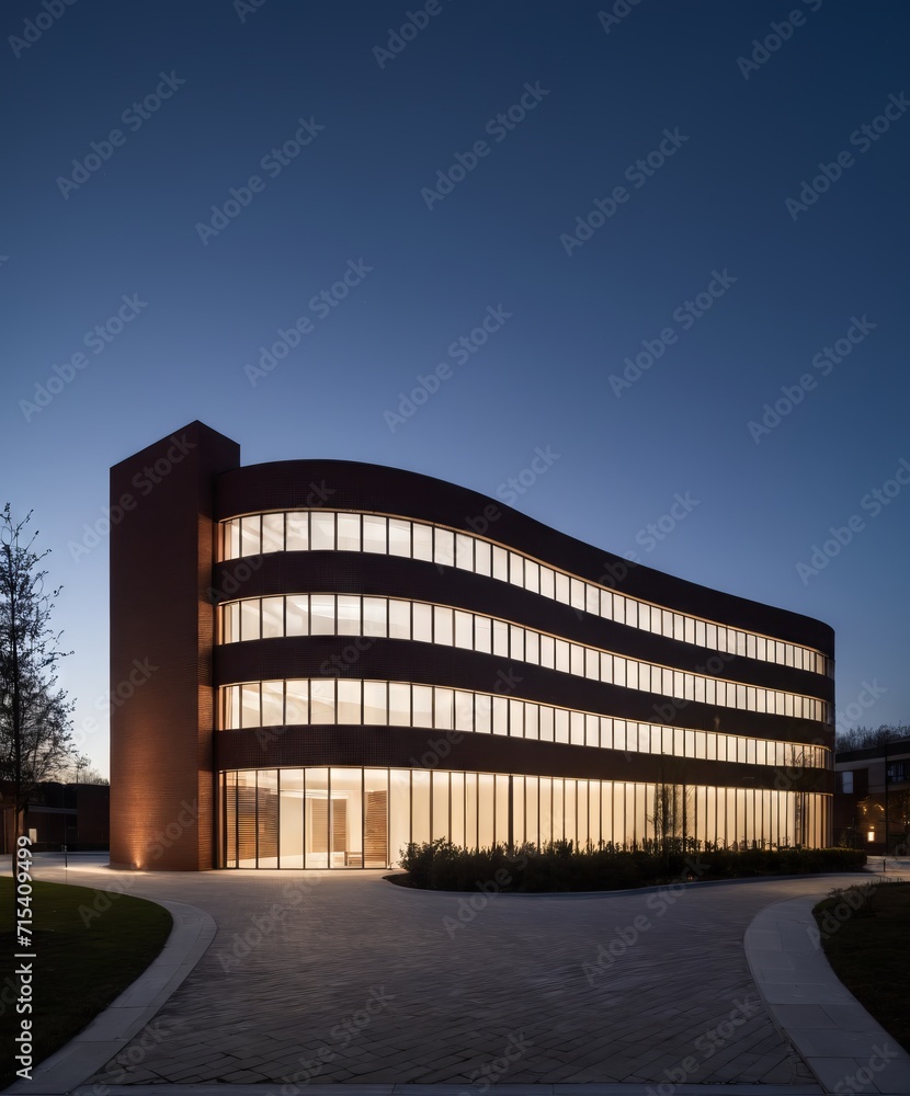 minimalistic medium scale office building, curved brick, geometric shaped outline