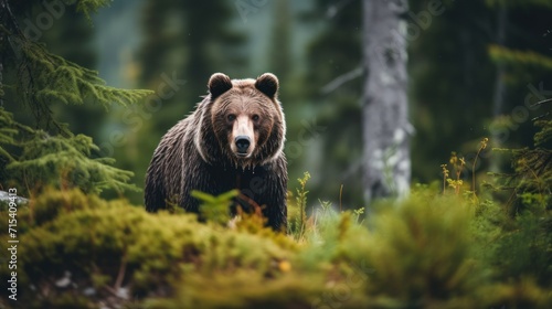  a brown bear walking through a forest filled with lots of green trees and tall grass and trees in the background.