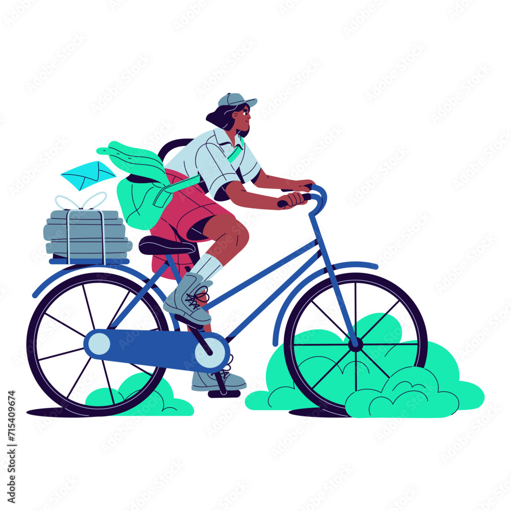 Obraz premium Postman deliver mail by bicycle. Mailman carries envelopes, paper letters, stack of newspapers. Post worker ride bike. Delivery of correspondence. Flat isolated vector illustration on white background
