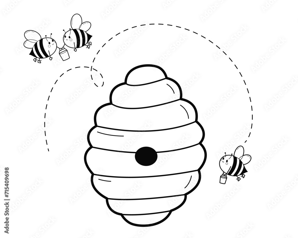 Beehive with Bees. Design element. Black and white illustration Isolated on white background. Beehive with Bees. Design element. Black and white illustration Isolated on white background.