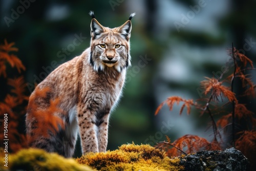  a close up of a lynx standing on a rock in a forest with trees in the background and moss growing on the ground.