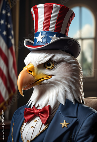 Eagle bald wearing a top uncle Sam hat. Generative AI