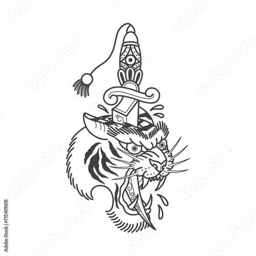 Tiger with Dagger Tattoo Style Illustration on White Background.