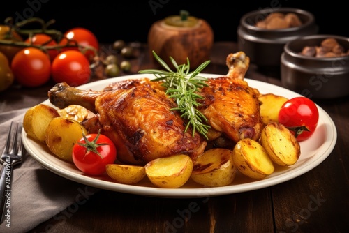  a close up of a plate of food with chicken, potatoes, tomatoes, and a sprig of rosemary.