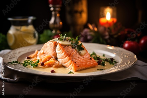  a white plate topped with a piece of salmon covered in sauce and garnished with herbs and garnishes.