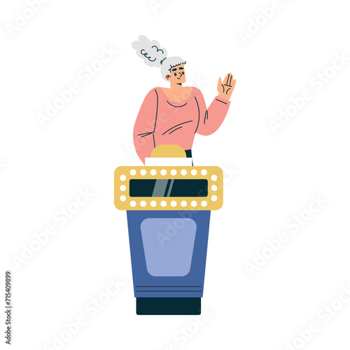 Quiz Game with Young Woman Participant at Button Stand Vector Illustration
