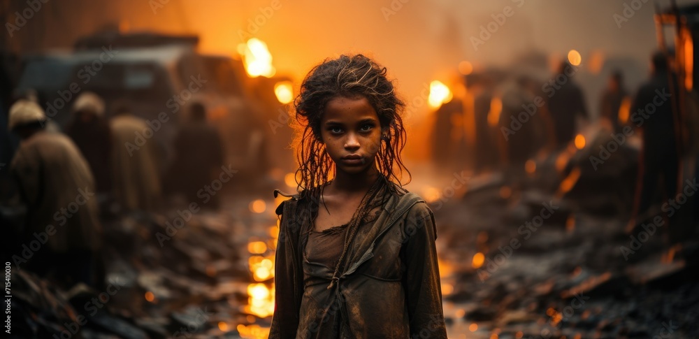 A lonely girl standing in the destroyed street city with fire building. World war zone background concept. A lonely girl standing in the destroyed street city with fire building. World war zone background concept.