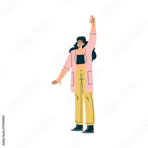 Happy Woman Character Raising Hand Up Participating in Quiz Game Vector Illustration
