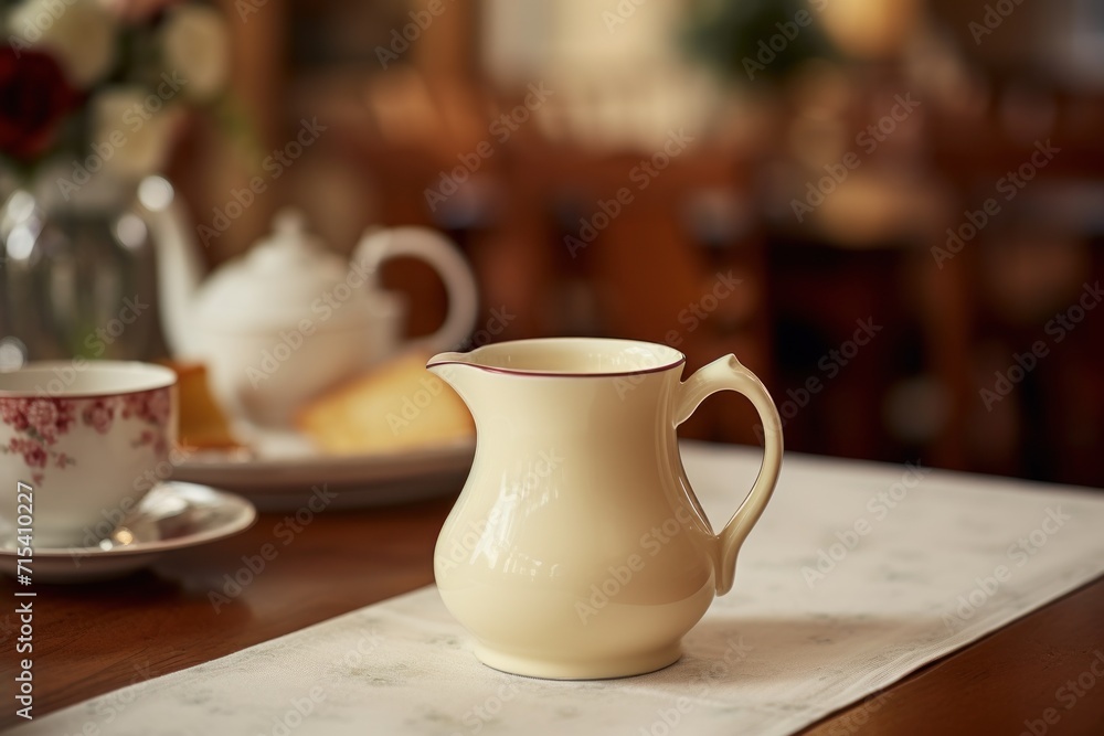  a white pitcher sitting on top of a wooden table next to a plate of bread and a cup of coffee.