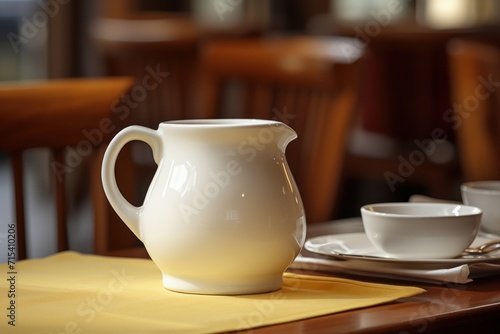  a white pitcher sitting on top of a wooden table next to two cups and a plate on top of a wooden table.