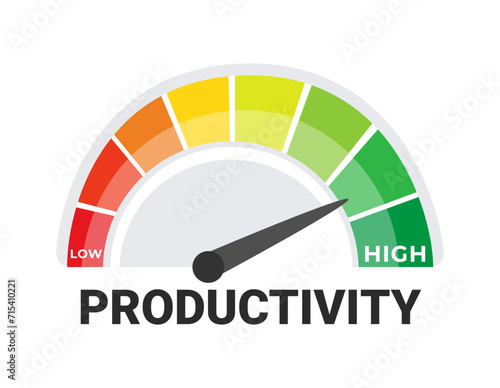 Productivity Meter Vector Illustration with Low to High Scale, Efficiency and Work Performance Concept