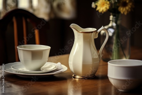  a table with a pitcher, cup, saucer, and saucer sitting on top of a wooden table.