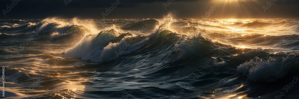 Landscape of the beautiful ocean sea waves golden hour Shining by the sunlight. 3d render, Panoramic Background, Sundawn