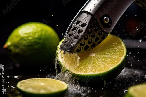  a lime being juiced with a grater on a black surface with limes and water splashing around it. photo