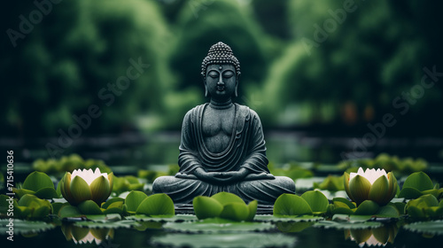Meditative Buddha statue surrounded by blooming lotuses in calm waters of pond symbolizes spiritual balance and inner peace, scene of tranquil spiritual equilibrium and natural beauty photo