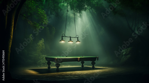 Billiard table against picturesque landscape of serene nature captures tranquil concentration of billiards game symbolizes fusion of strategic pool gameplay with calming influence of outdoors photo