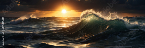Landscape of the beautiful ocean sea waves golden hour Shining by the sunlight. 3d render, Panoramic Background, Sundawn photo