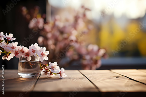 Wooden Table With Spring  A Glass With Flowers On A Table