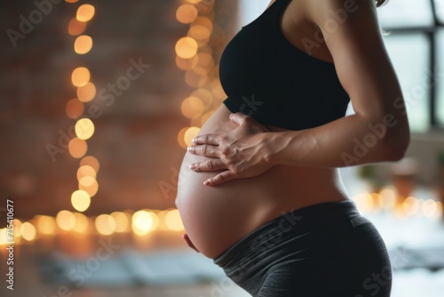 A pregnant woman against the background of a window and blurry lights. The concept of preparing women for pregnancy, childbirth, motherhood. 