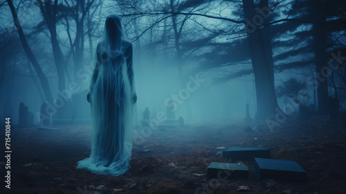 Mysterious female ghost silhouette veiled in translucent fabric emerges from fog in old cemetery among tombstones, creating an otherworldly ambiance and aura of ghostly mystique, scary ghost at night
