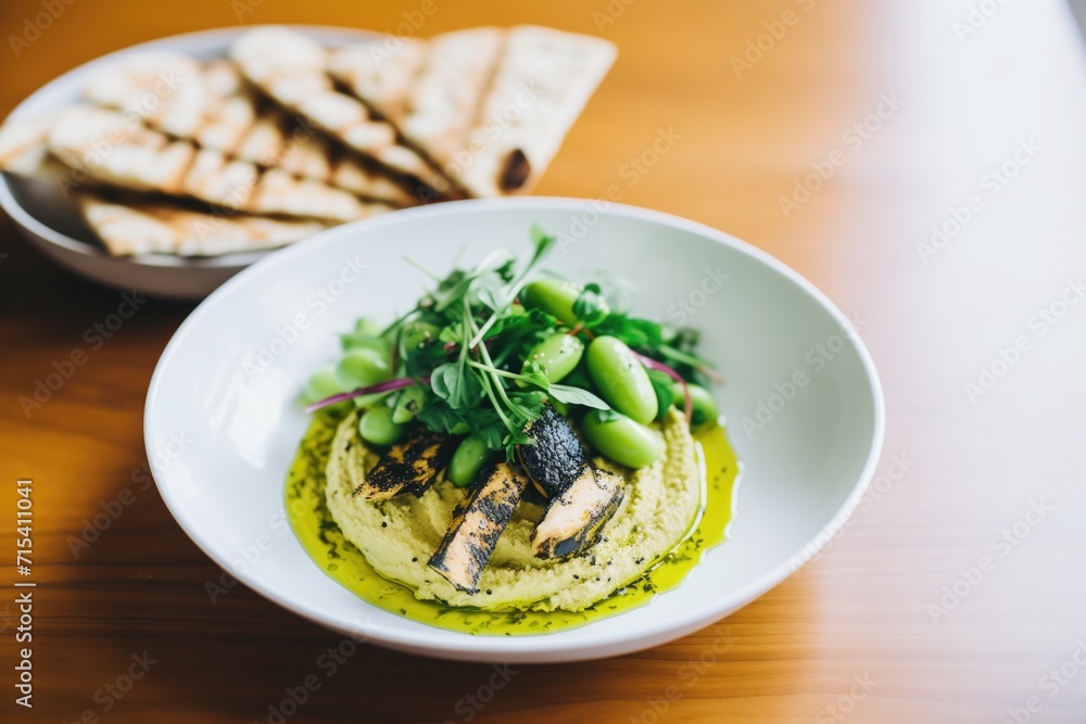 edamame hummus with olive oil drizzle and pita bread