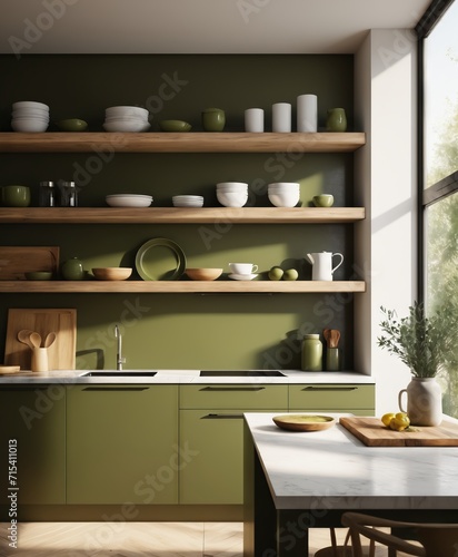kitchen shelves with olive green color, minimalistic