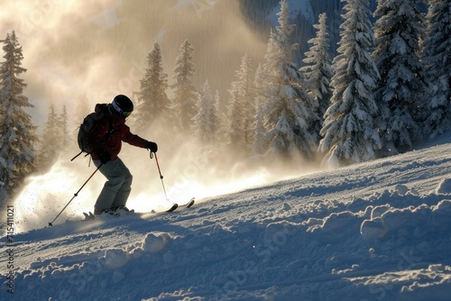 Skier on a mountain slope against a background of snow-covered trees. The concept for the development of winter sports - alpine skiing, snowboarding, mountaineering, development of active recreation, 