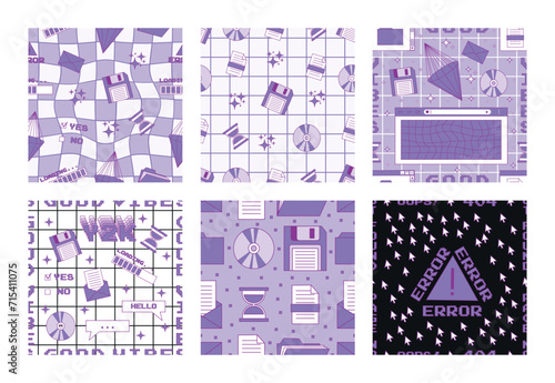 Set of seamless patterns in the 2000s style with old computer user interface elements. Template for card, fabric, textile, wallpaper, paper, packaging