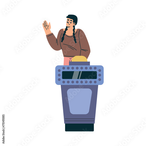 Quiz Game with Young Woman Participant at Button Stand Vector Illustration