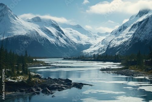  a lake surrounded by snow covered mountains under a cloudy blue sky with trees and rocks in the foreground and a body of water in the foreground.