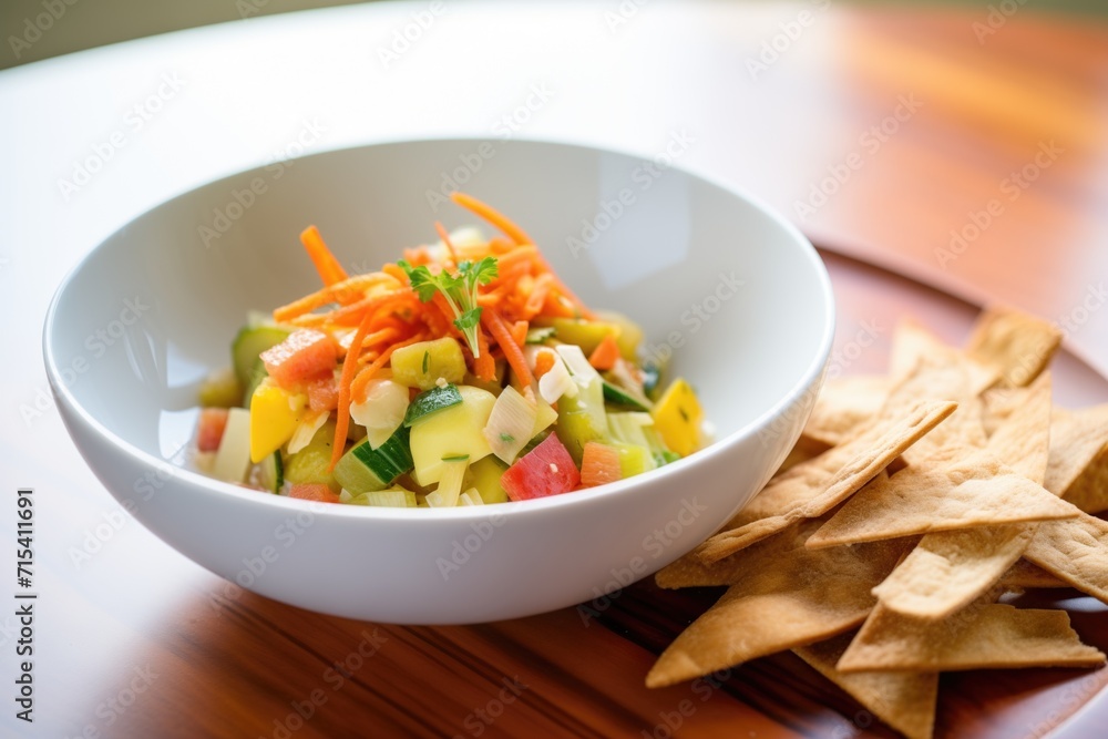 freshly chopped vegetables with crispy pita on a white bowl freshly chopped vegetables with crispy pita on a white bowl