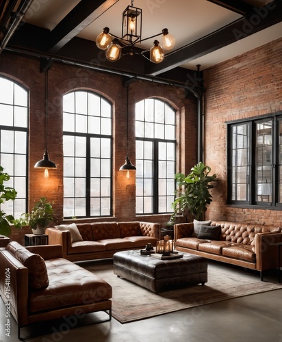 Front view of an industrial-style loft, exposed brick wall Soft evening light casts dramatic shadows